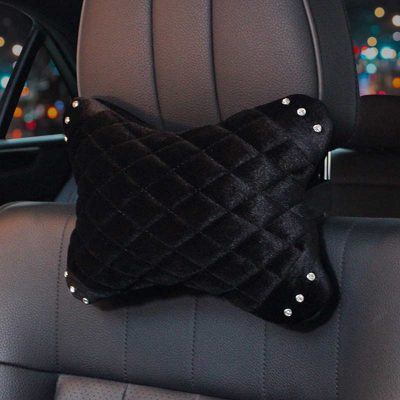 Winter Diamond Plush Car Neck Pillow Woman Universal Warm Headrest 1pcs - Black