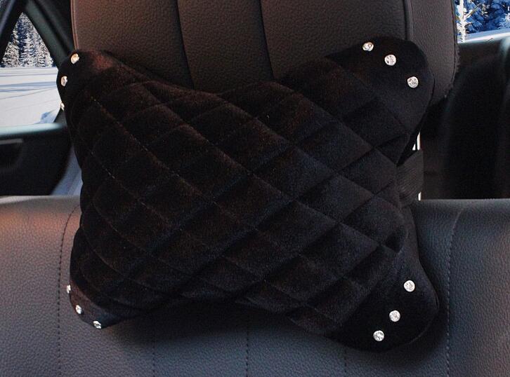 Winter Diamond Plush Car Neck Pillow Woman Universal Warm Headrest 1pcs - Black