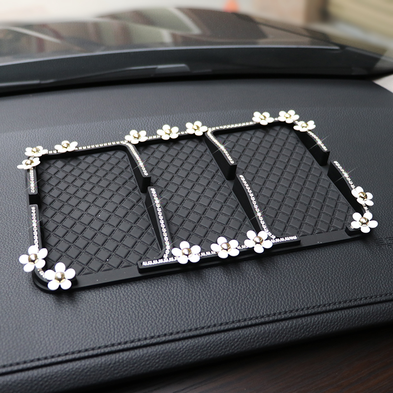 Women Daisy Rhinestone Automobile Non-Slip Mat Silicone Auto Anti-Slip Pads - Black