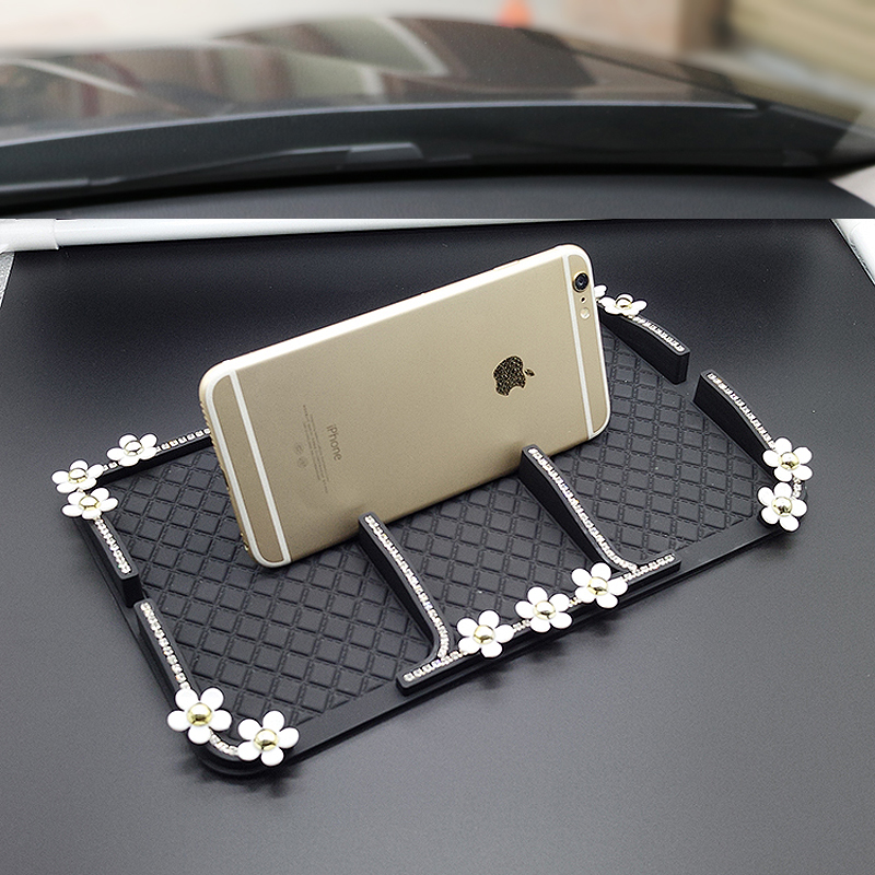 Women Daisy Rhinestone Automobile Non-Slip Mat Silicone Auto Anti-Slip Pads - Black