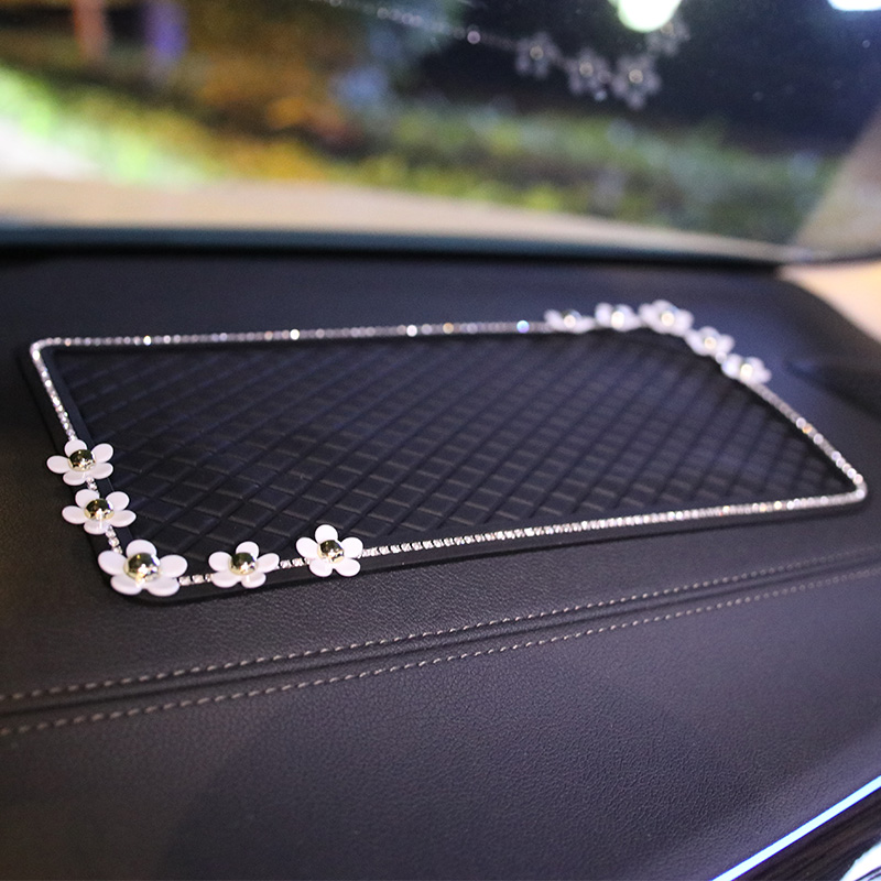 Women Daisy Rhinestone Automobile Non-Slip Mat Silicone Car Anti-Slip Pads - Black
