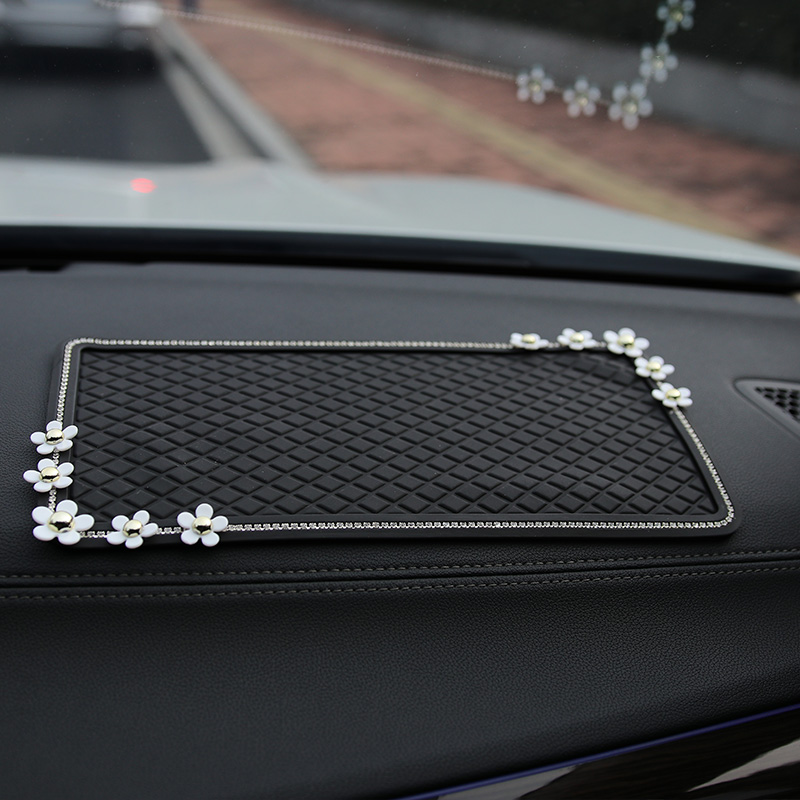 Women Daisy Rhinestone Automobile Non-Slip Mat Silicone Car Anti-Slip Pads - Black