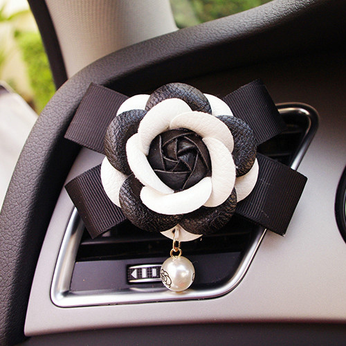 Abs Leather Beautiful Gorgeous Camellia 1pcs Car Air-Purify Clip Auto Air Out Perfume Clip - Black White