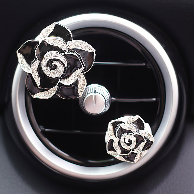 Abs Metal Beautiful Gorgeous Camellia 2pcs Car Air-Purify Clip Auto Air Out Perfume Clip - Black