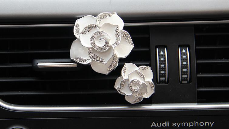 Abs Metal Beautiful Gorgeous Camellia 2pcs Car Air-Purify Clip Auto Air Out Perfume Clip - White