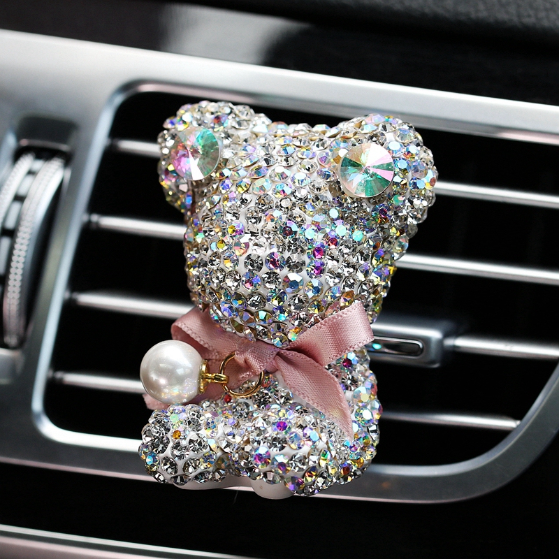 Bling Bear Beautiful Gorgeous Diamonds 1pcs Car Air-Purify Clip Auto Air Out Perfume Clip - White