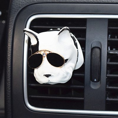 Cute Ornaments French Bulldog Car Decoration Air Freshener Solid Perfume Pink Ear Dog With Sunglasses - White Black