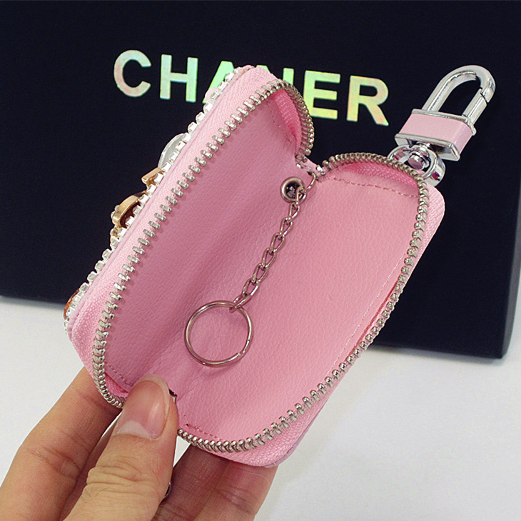 Luxurious Zebra Crystal Genuine Leather Auto Key Bags Key Chain - Pink