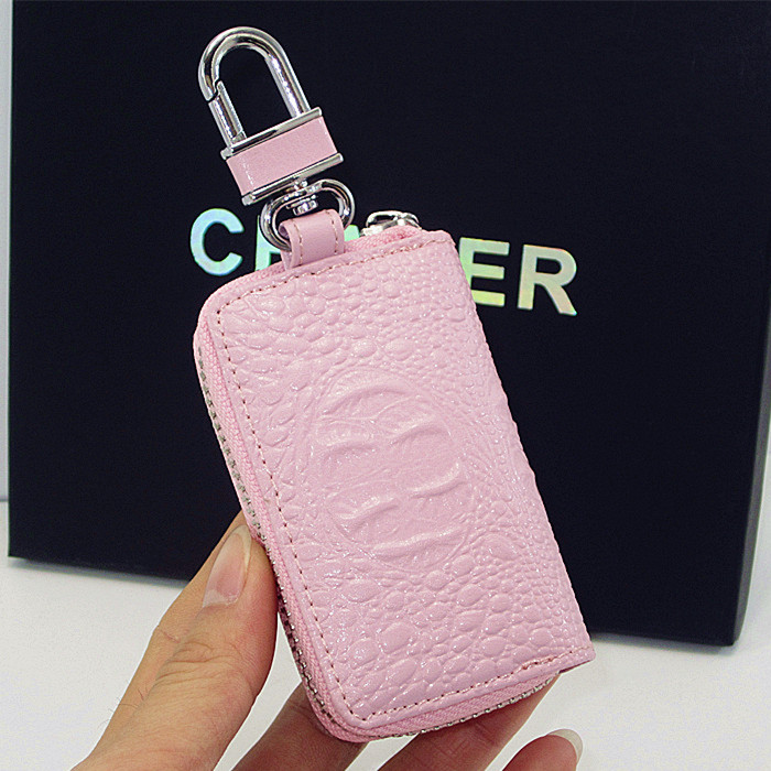 Luxurious Zebra Crystal Genuine Leather Auto Key Bags Pink Fur Ball Key Chain - Pink