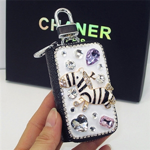 Luxurious Zebra Crystal Genuine Leather Auto Key Bags Key Chain - Black