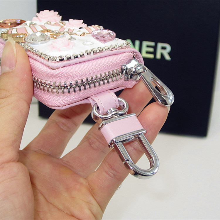 Luxurious Zebra Crystal Genuine Leather Auto Key Bags Key Chain - Pink