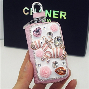 Luxurious Zebra Crystal Genuine Leather Auto Key Bags Key Chain - Pink