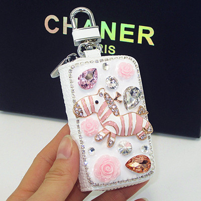 Luxurious Zebra Crystal Genuine Leather Auto Key Bags Key Chain - White