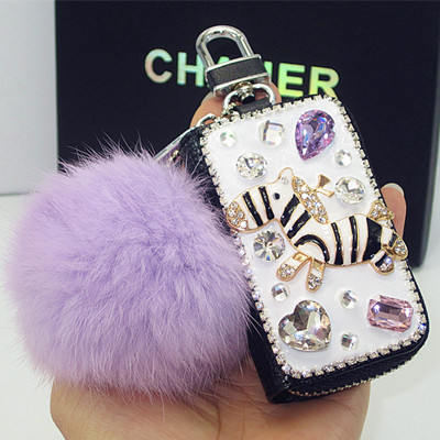 Luxurious Zebra Crystal Genuine Leather Auto Key Bags Pink Fur Ball Key Chain - Black