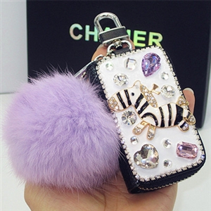 Luxurious Zebra Crystal Genuine Leather Auto Key Bags Pink Fur Ball Key Chain - Black