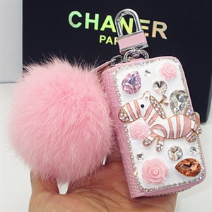 Luxurious Zebra Crystal Genuine Leather Auto Key Bags Pink Fur Ball Key Chain - Pink