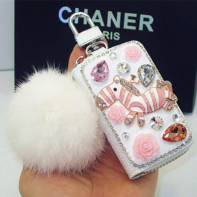 Luxurious Zebra Crystal Genuine Leather Auto Key Bags Pink Fur Ball Key Chain - White