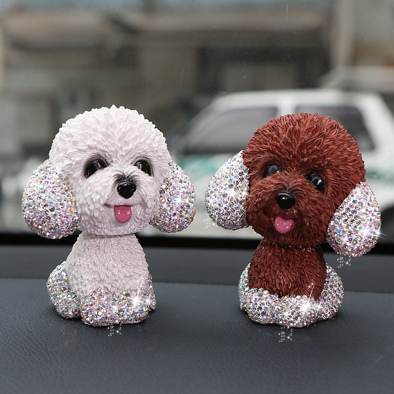Resin Crystal Cartoon Teddy Shaking Head Car Ornaments Puppy Figurines Dog Doll Toys Car Styling - Brown