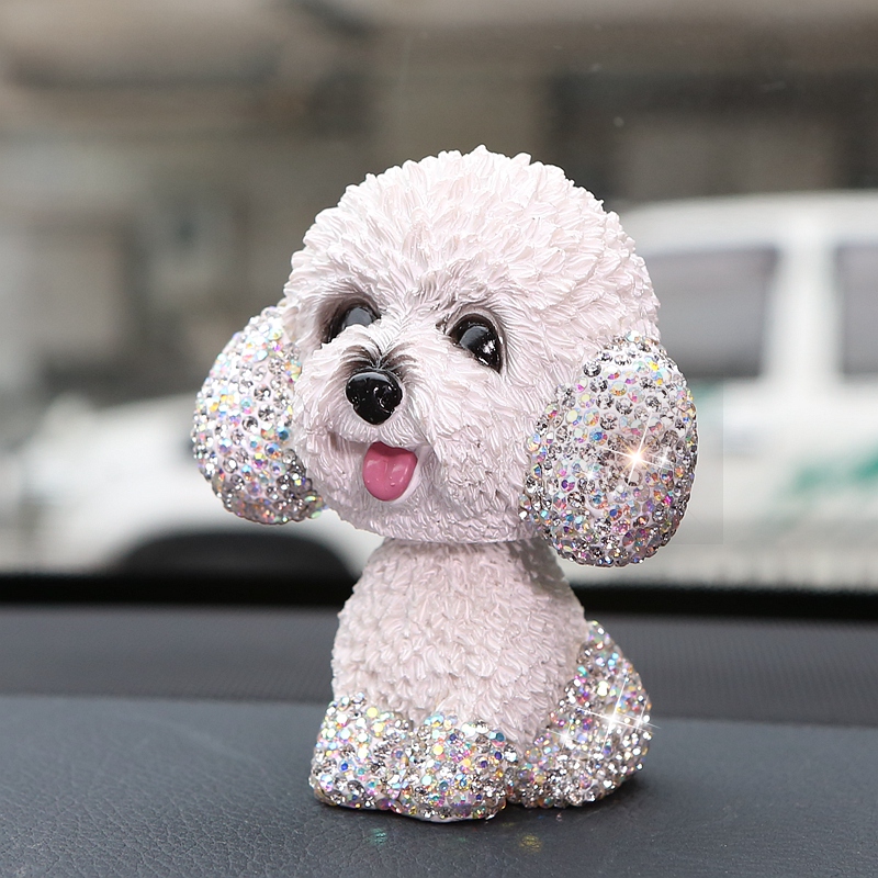 Resin Crystal Cartoon Teddy Shaking Head Car Ornaments Puppy Figurines Dog Doll Toys Car Styling - White