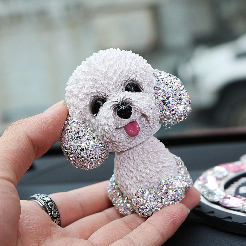 Resin Crystal Cartoon Teddy Shaking Head Car Ornaments Puppy Figurines Dog Doll Toys Car Styling - White