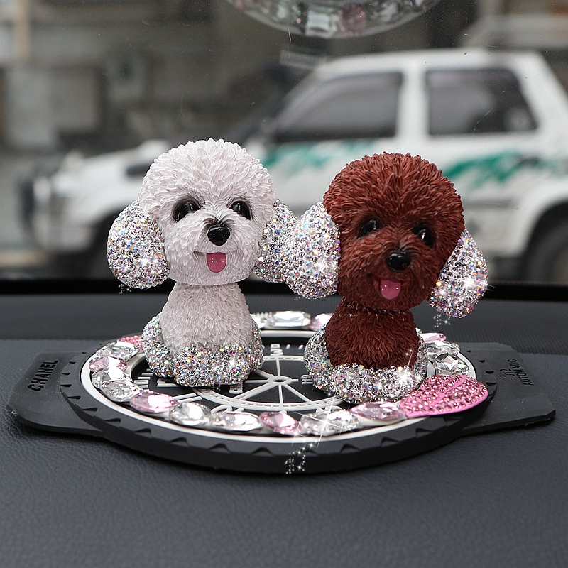 Resin Crystal Cartoon Teddy Shaking Head Car Ornaments Puppy Figurines With Anti-Slip Mat Car Styling - Brown