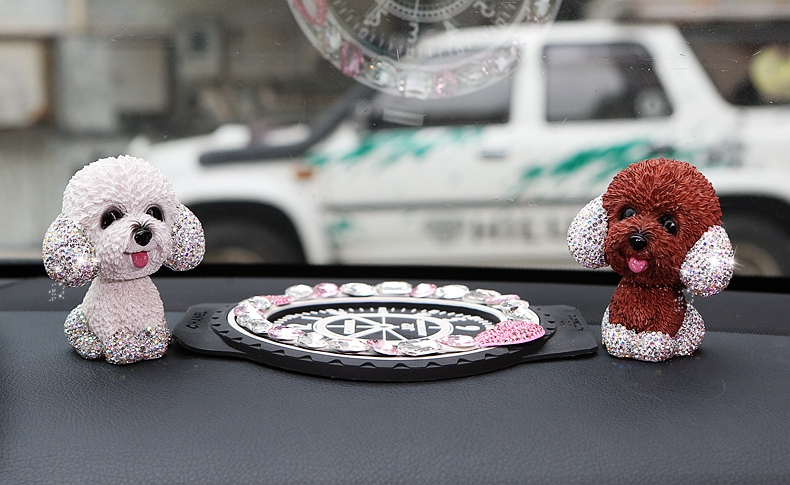 Resin Crystal Cartoon Teddy Shaking Head Car Ornaments Puppy Figurines With Anti-Slip Mat Car Styling - Brown