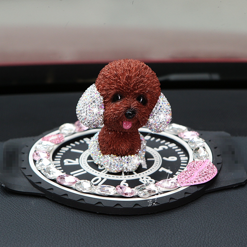 Resin Crystal Cartoon Teddy Shaking Head Car Ornaments Puppy Figurines With Anti-Slip Mat Car Styling - Brown