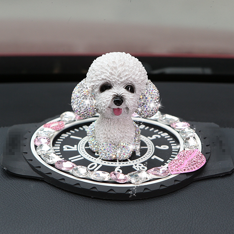 Resin Crystal Cartoon Teddy Shaking Head Car Ornaments Puppy Figurines With Anti-Slip Mat Car Styling - White