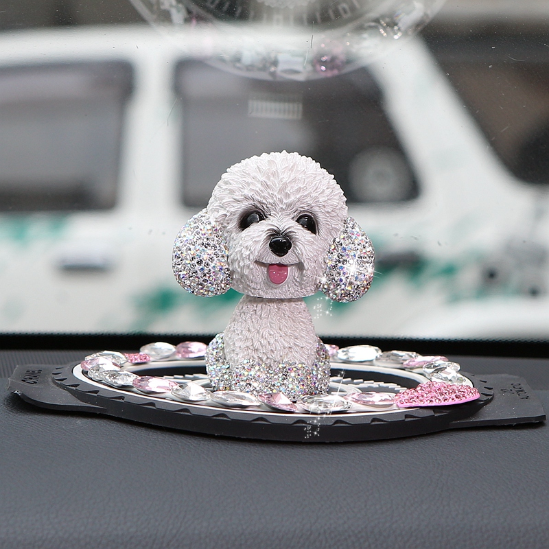 Resin Crystal Cartoon Teddy Shaking Head Car Ornaments Puppy Figurines With Anti-Slip Mat Car Styling - White