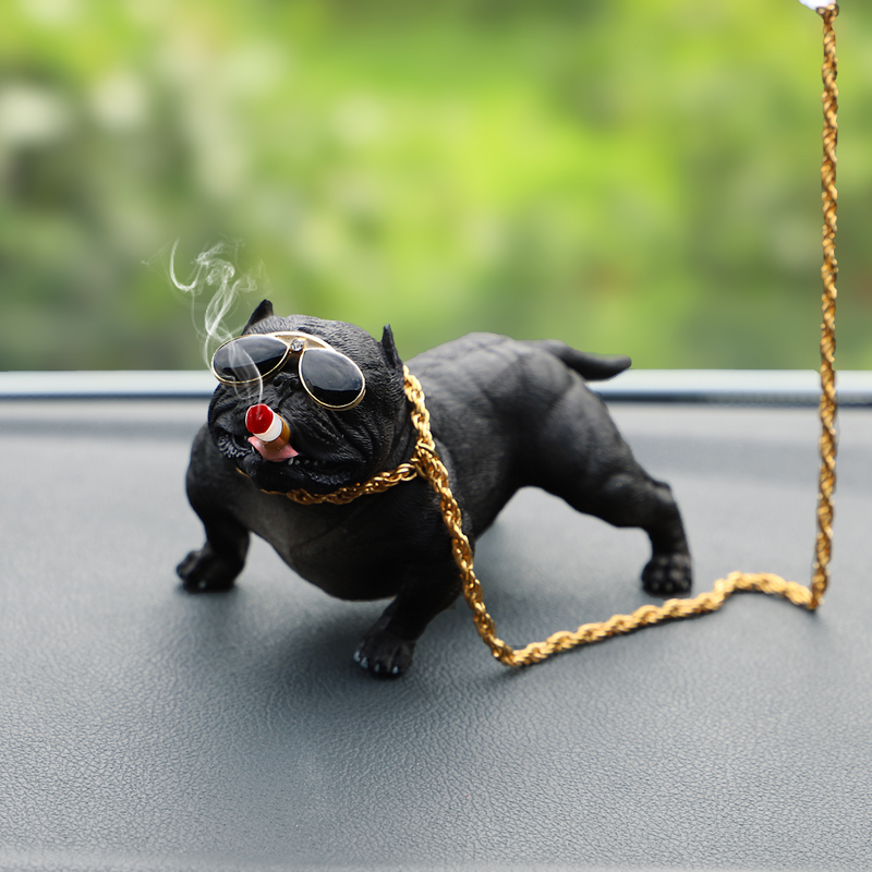 Resin Metal Cool Car Ornaments French Bulldog Car Decoration Smoking Dog With Sunglasses - Black