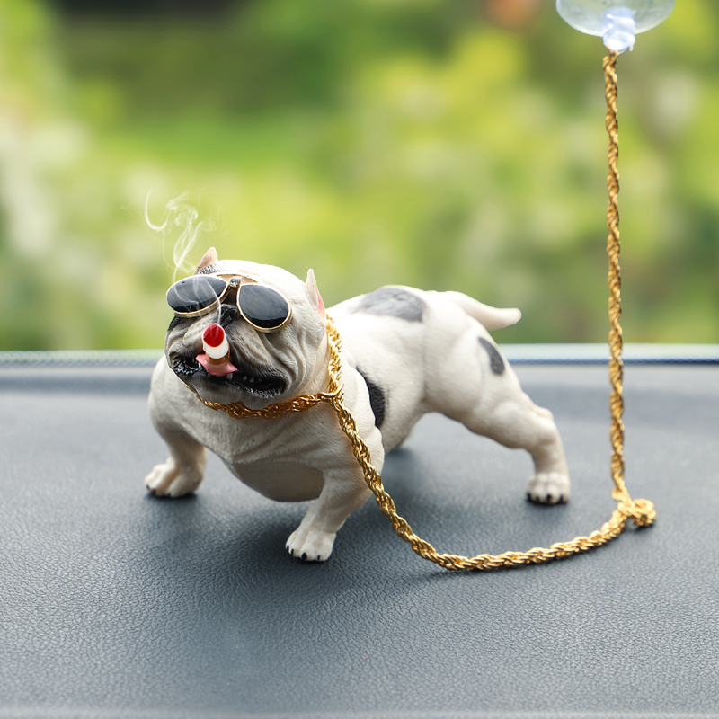 Resin Metal Cool Car Ornaments French Bulldog Car Decoration Smoking Dog With Sunglasses - White
