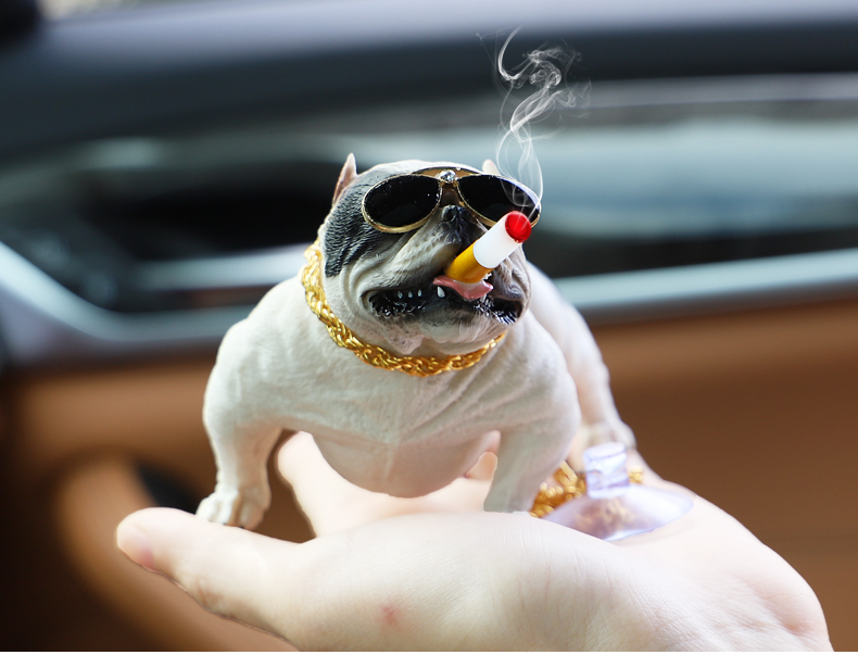 Resin Metal Cool Car Ornaments French Bulldog Car Decoration Smoking Dog With Sunglasses - White