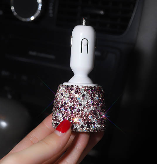 3.1A Rhinestones Dual USB Quick Car Charger Mobile Phone iPad Rotate Fast Charging Adapter - Purple
