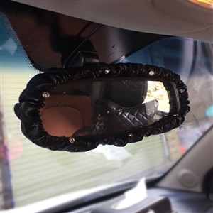 Bling Women Leather Elegant Car Rearview Mirror Elastic Covers Motorcar Interior Decorate - Black