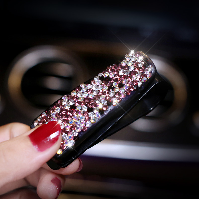 Crystal Auto Fastener Clip Sun Visor Sunglasses Women Diamond Decorative Card Ticket Clip Holder - Purple