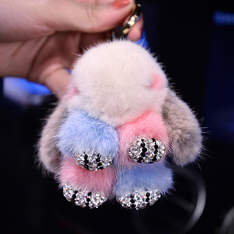 Cute Cartoon Rabbit Fur Diamond Crystal Pom Pom Keychain Handbag Car Keyring Fluffy Mink Fur Key Pendant - Colorful