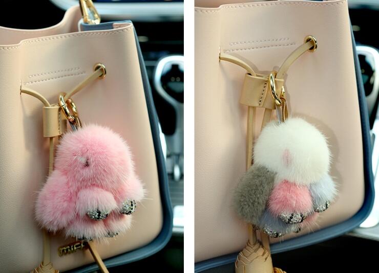 Cute Cartoon Rabbit Fur Diamond Crystal Pom Pom Keychain Handbag Car Keyring Fluffy Mink Fur Key Pendant - Colorful