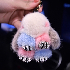 Cute Cartoon Rabbit Fur Diamond Crystal Pom Pom Keychain Handbag Car Keyring Fluffy Mink Fur Key Pendant - Colorful