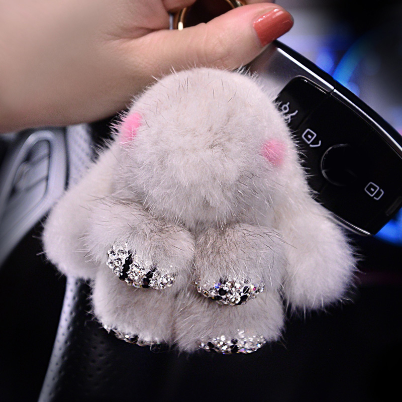 Cute Cartoon Rabbit Fur Diamond Crystal Pom Pom Keychain Handbag Car Keyring Fluffy Mink Fur Key Pendant - Light Grey