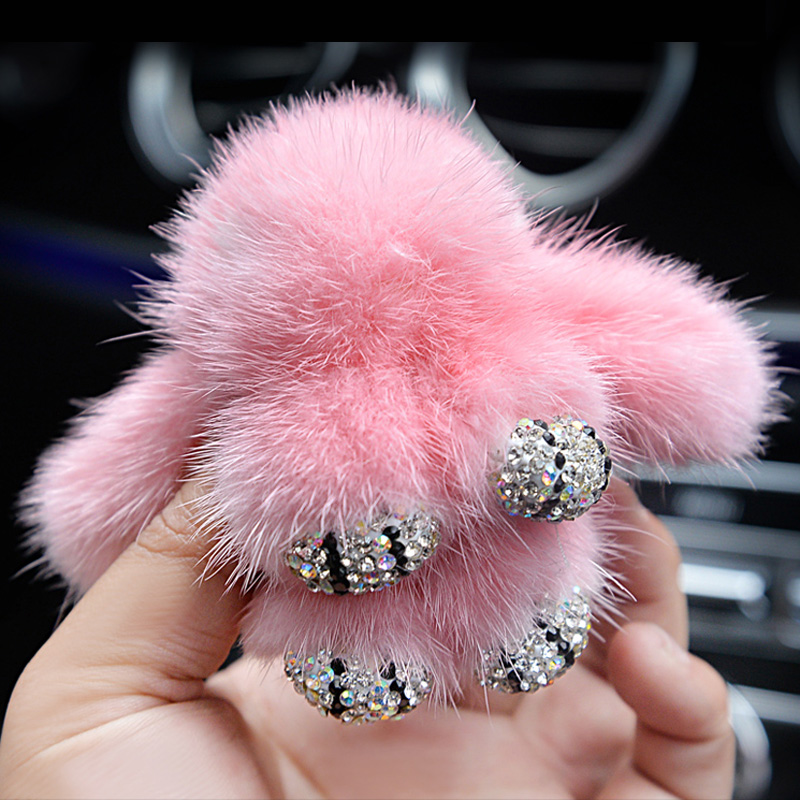 Cute Cartoon Rabbit Fur Diamond Crystal Pom Pom Keychain Handbag Car Keyring Fluffy Mink Fur Key Pendant - Pink