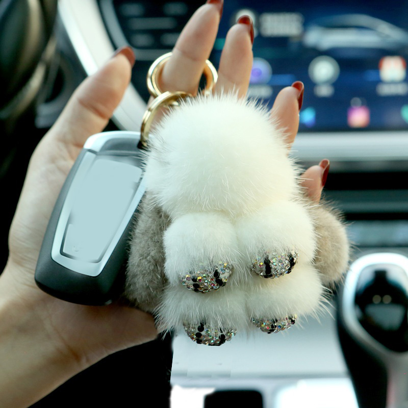 Cute Cartoon Rabbit Fur Diamond Crystal Pom Pom Keychain Handbag Car Keyring Fluffy Mink Fur Key Pendant - White Grey