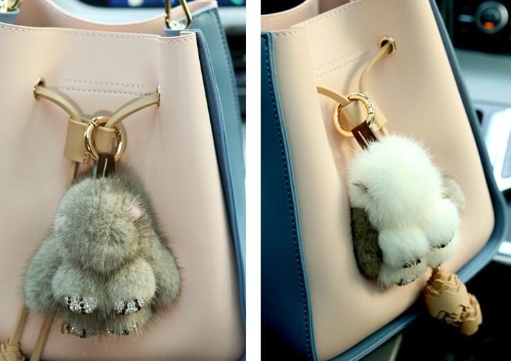 Cute Cartoon Rabbit Fur Diamond Crystal Pom Pom Keychain Handbag Car Keyring Fluffy Mink Fur Key Pendant - White Grey