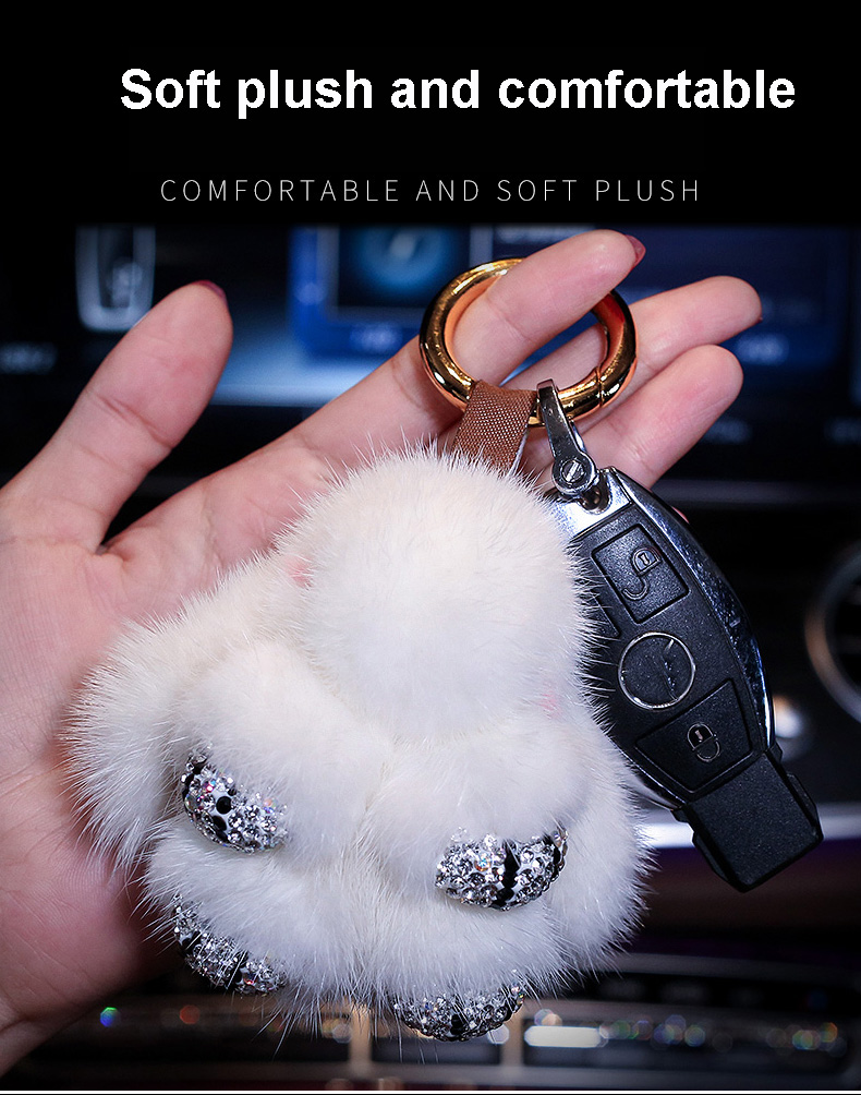Cute Cartoon Rabbit Fur Diamond Crystal Pom Pom Keychain Handbag Car Keyring Fluffy Mink Fur Key Pendant - White