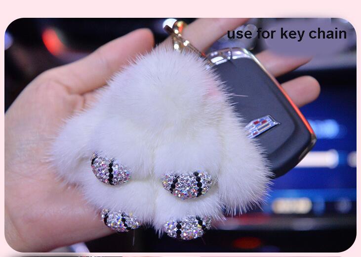 Cute Cartoon Rabbit Fur Diamond Crystal Pom Pom Keychain Handbag Car Keyring Fluffy Mink Fur Key Pendant - White