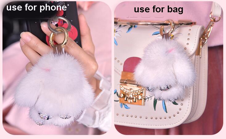 Cute Cartoon Rabbit Fur Diamond Crystal Pom Pom Keychain Handbag Car Keyring Fluffy Mink Fur Key Pendant - White