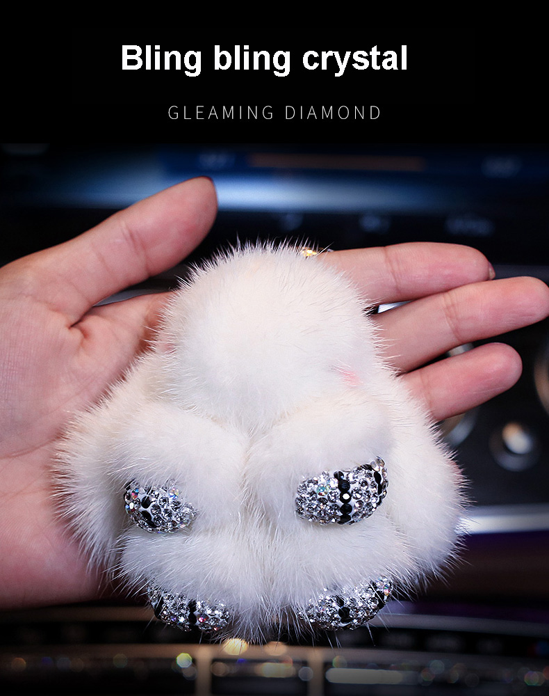 Cute Cartoon Rabbit Fur Diamond Crystal Pom Pom Keychain Handbag Car Keyring Fluffy Mink Fur Key Pendant - White