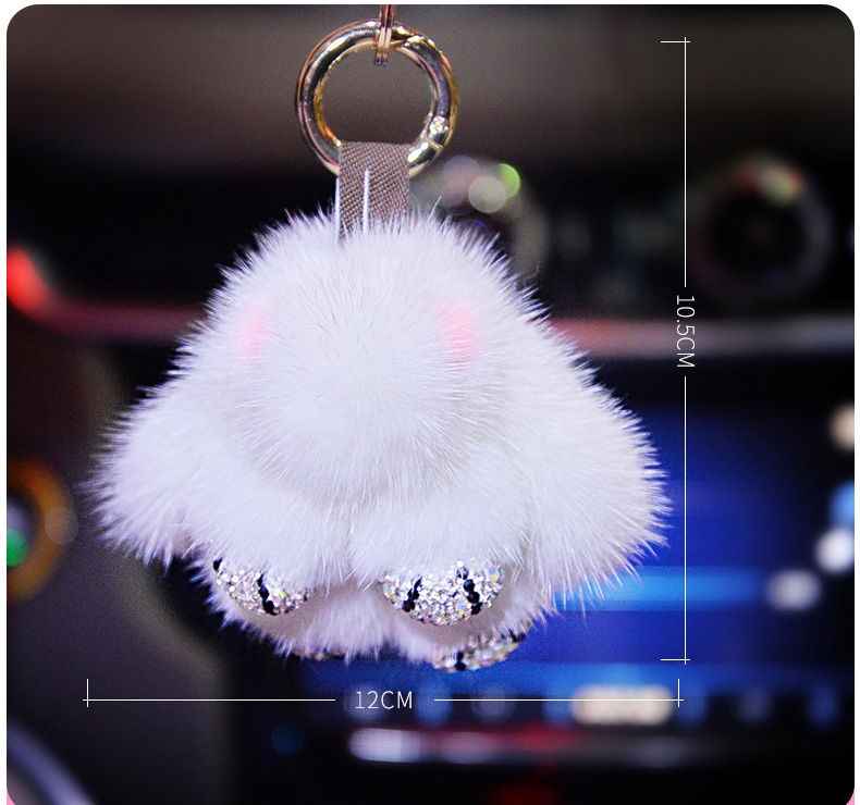Cute Cartoon Rabbit Fur Diamond Crystal Pom Pom Keychain Handbag Car Keyring Fluffy Mink Fur Key Pendant - White