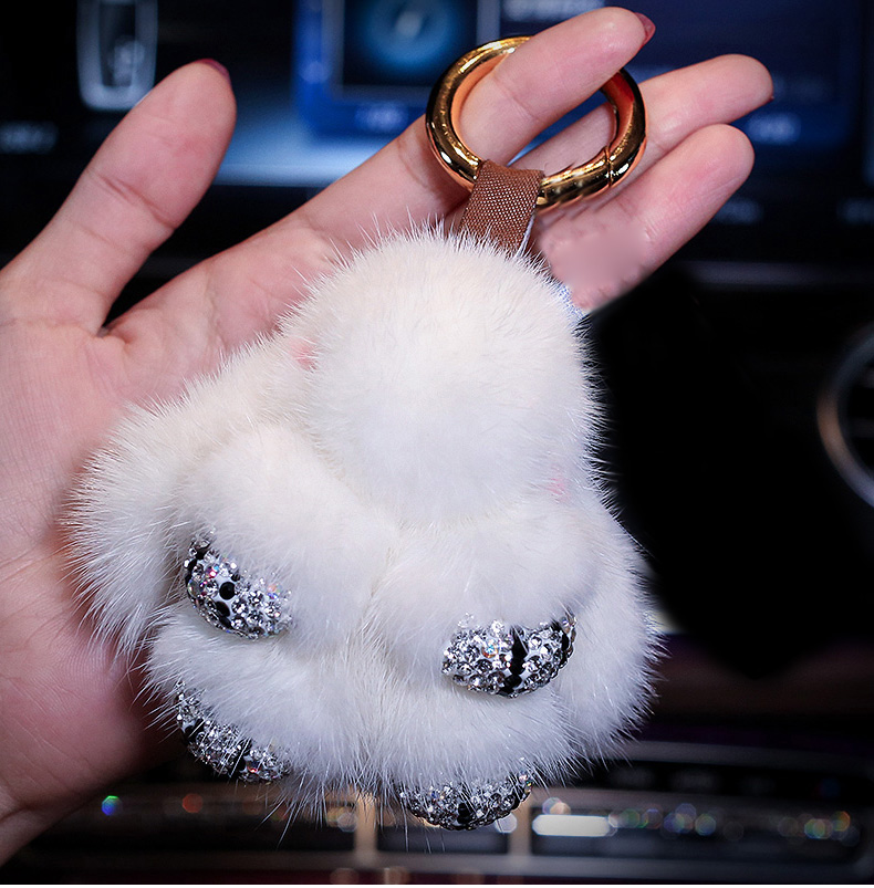Cute Cartoon Rabbit Fur Diamond Crystal Pom Pom Keychain Handbag Car Keyring Fluffy Mink Fur Key Pendant - White