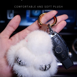 Cute Cartoon Rabbit Fur Diamond Crystal Pom Pom Keychain Handbag Car Keyring Fluffy Mink Fur Key Pendant - White