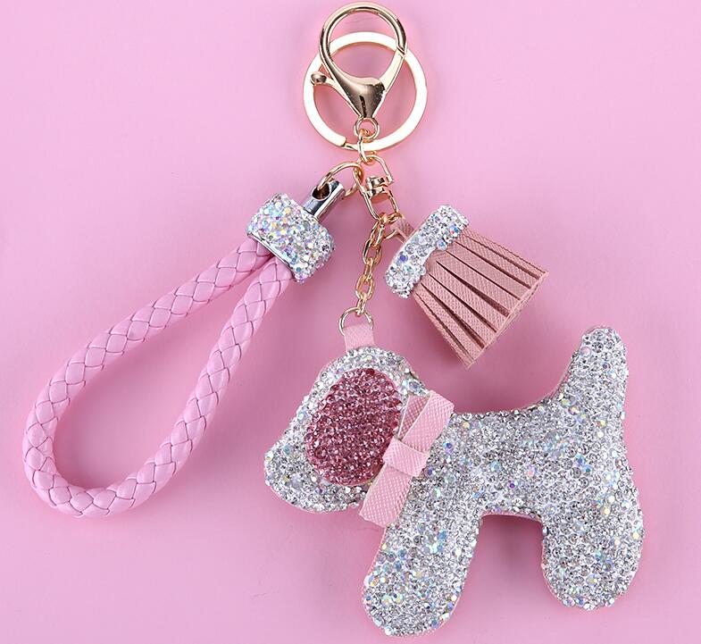 Dog Tassels Cow Leather Diamond Crystal Car Keychain Handbag Car Keyring Key Pendant - Pink